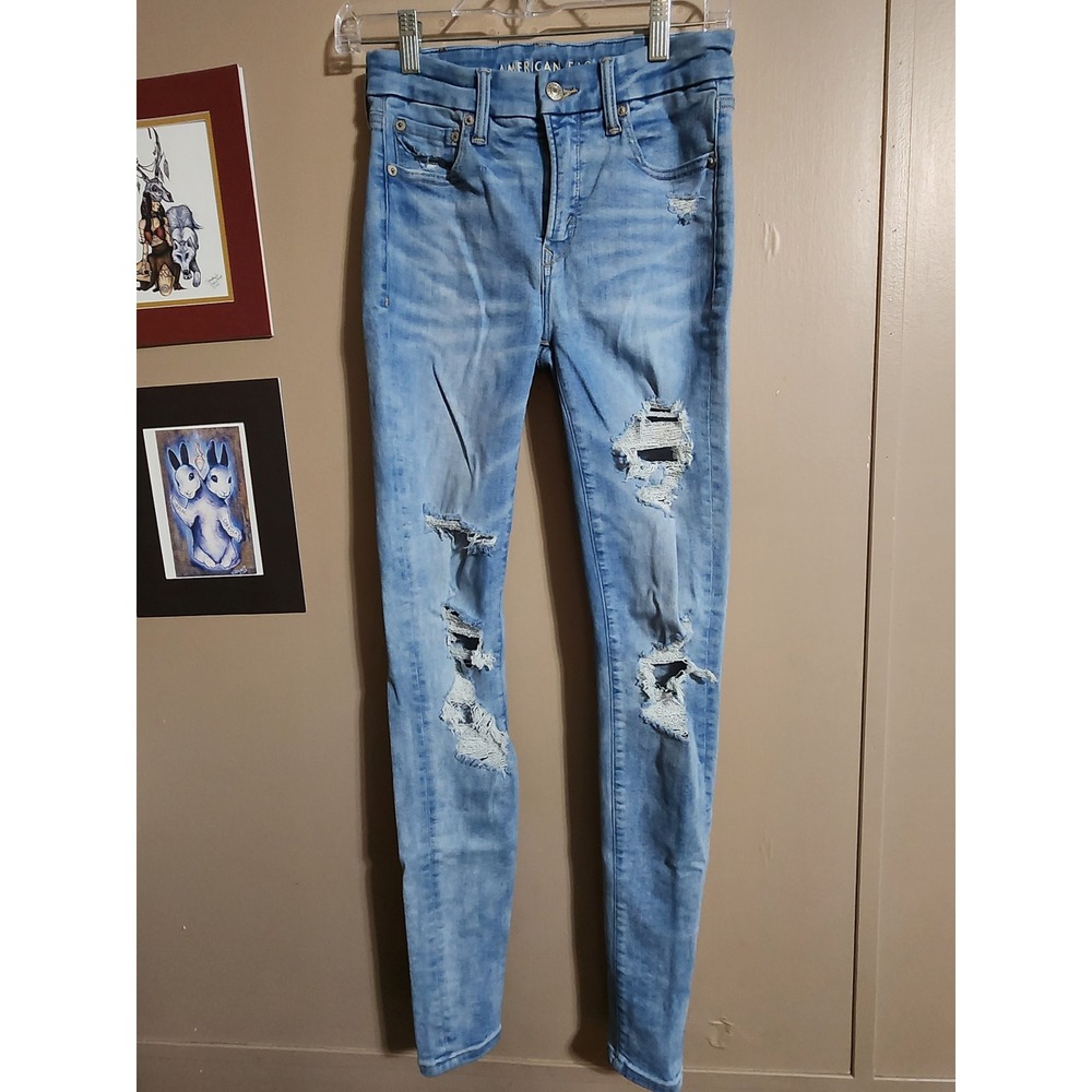 American Eagle Hi-Rise Jegging Distressed Luxe Stretch 4 Long Blue